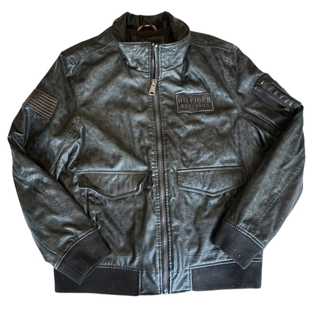 Tommy Hilfiger Mens Coat Size Large Black Faux Leather Fur Bomber Styler Y2K